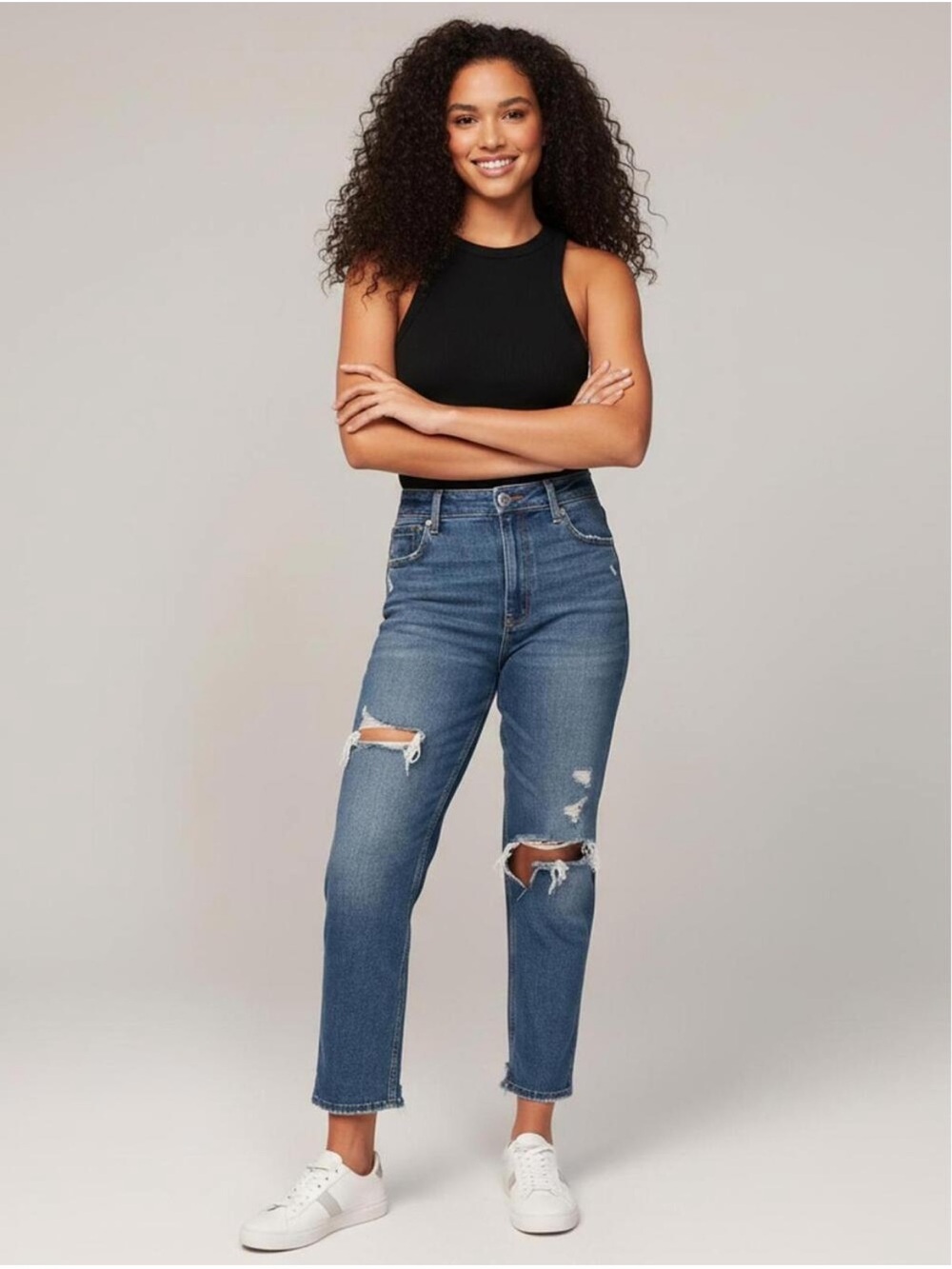 A&F The Ankle Straight Ultra High Rise Dark Wash Distressed Jeans, Size 27 EUC